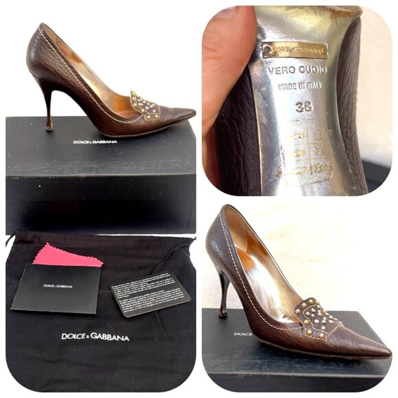 Auc Dolce & Gabbana Vitello T.Moro studded point Toe heels IT38 US 8 - Picture 1 of 14